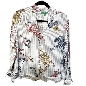 Dip 1X Button Down Top Blue White Stripe Floral Ruffle Hem Cotton Gauzey Beachy
